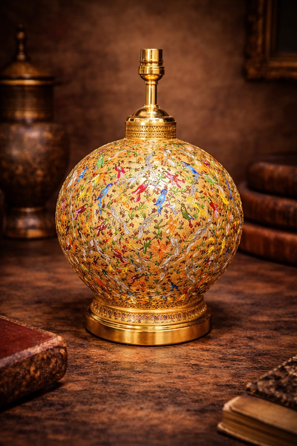 Antique Table Lamp with kashmiri floral art, handmade - hand painted paper mache table lamp